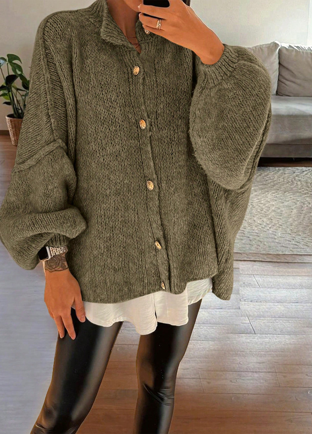 Оливковый (хаки) демисезонный кардиган SHEIN