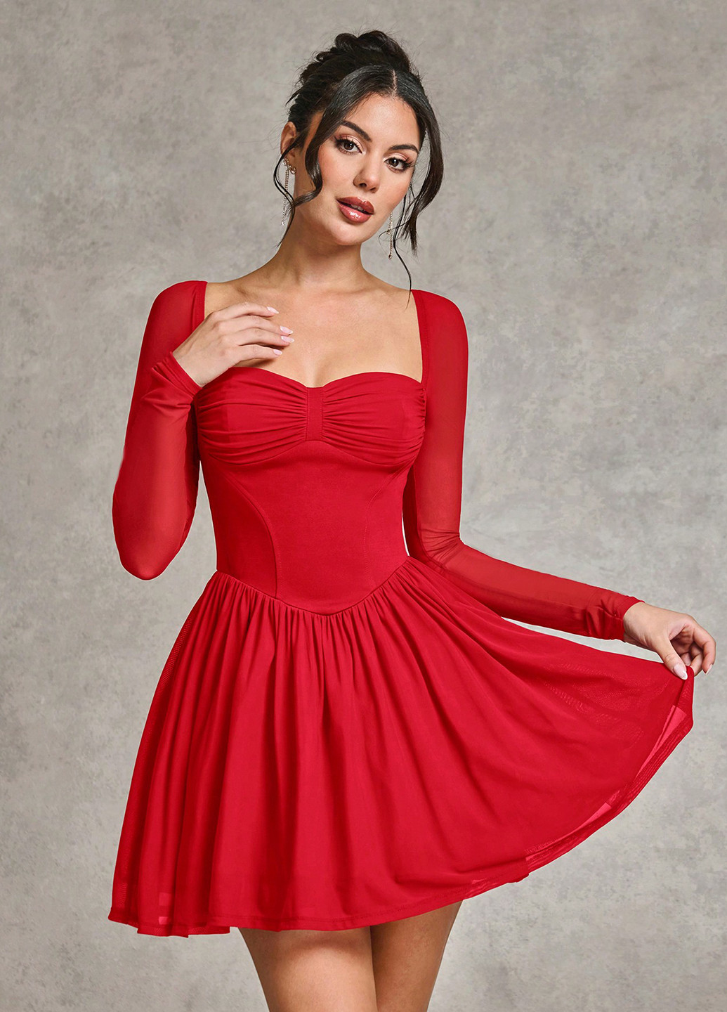 Красное праздничный, вечернее платье клеш, с корсетом, с открытой спиной SHEIN однотонное