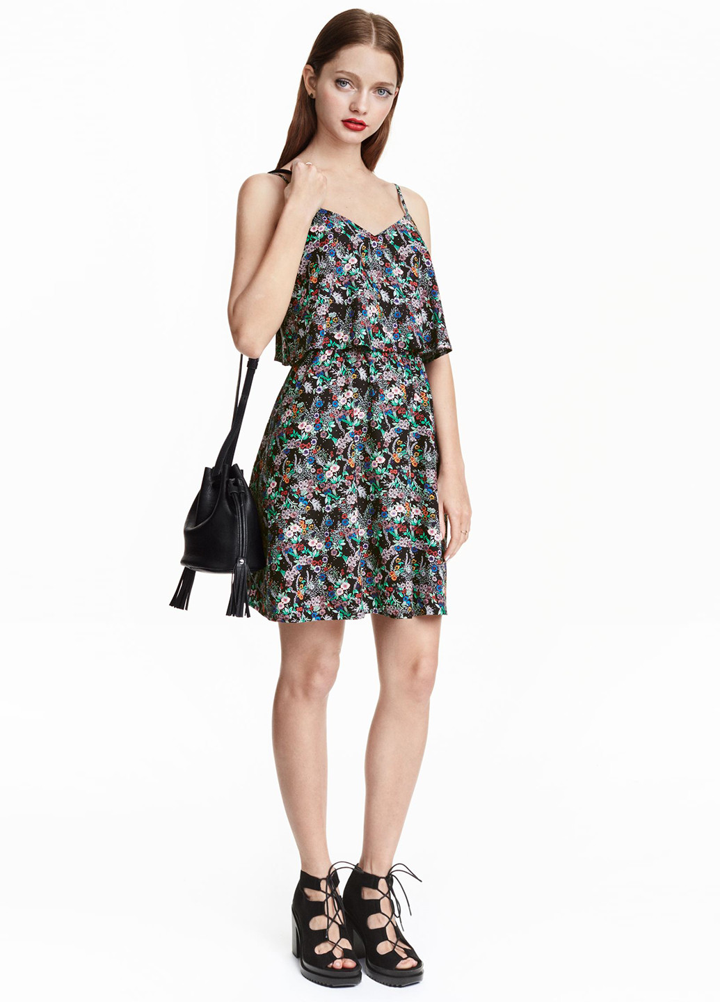 Комбинированное кэжуал платье клеш H&M с цветочным принтом