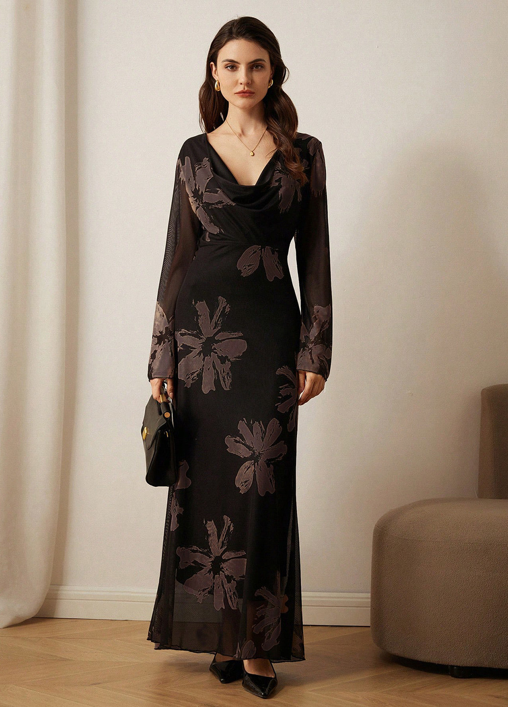 Чорна вечірня, кежуал сукня а-силует SHEIN з квітковим принтом