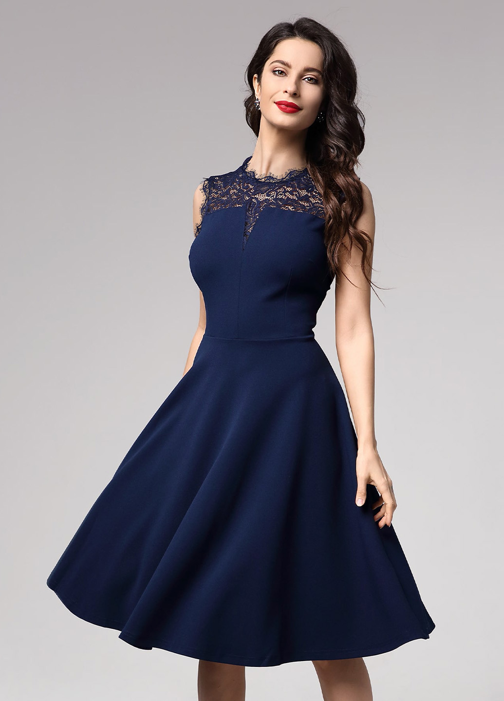 Темно-синее вечернее платье с юбкой-солнце SHEIN однотонное