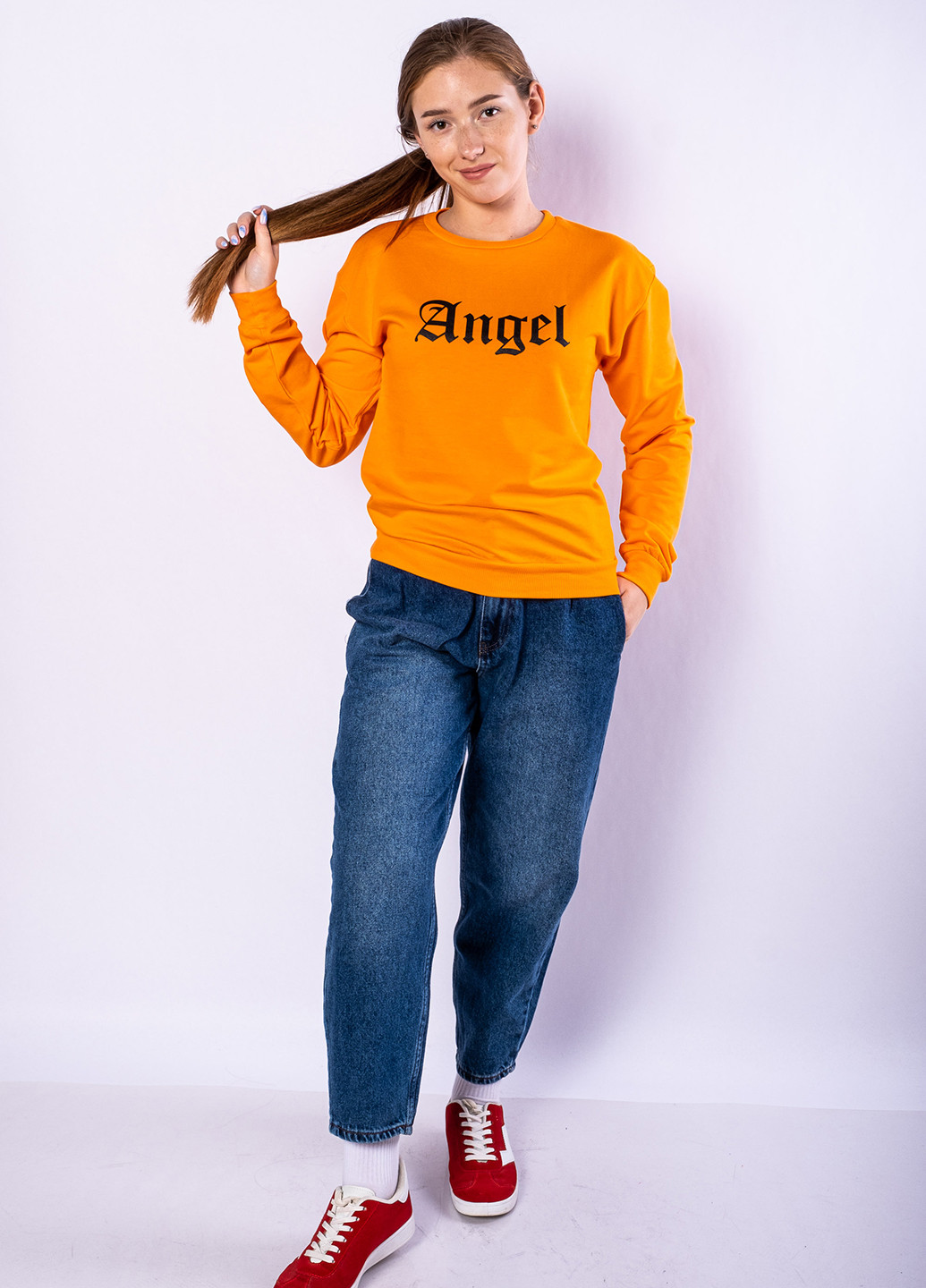 Свитшот Time of Style - Свободный крой надпись оранжевый кэжуал, спортивный хлопок, трикотаж - (277813214)