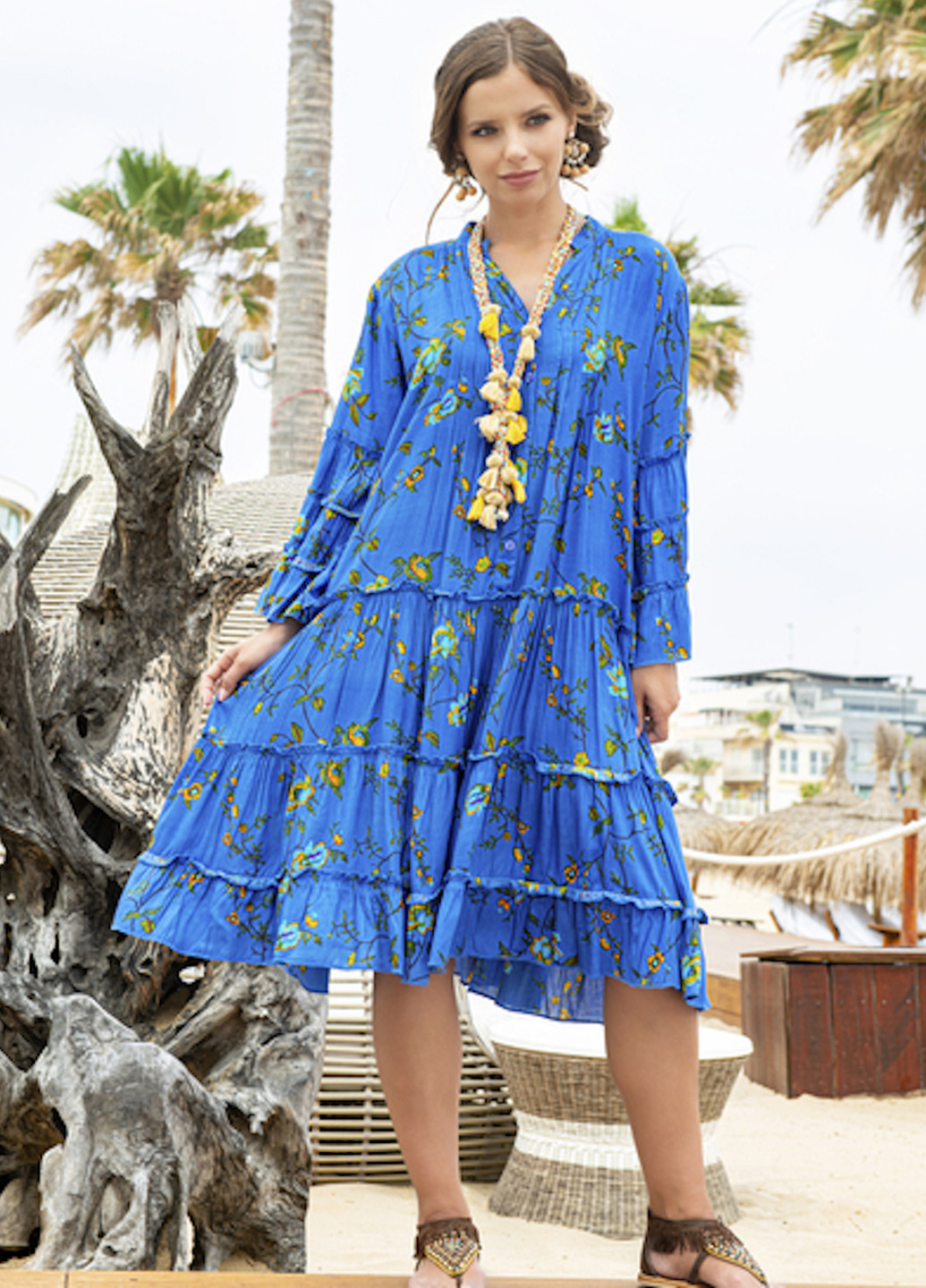 Синее пляжное платье клеш Indiano с цветочным принтом