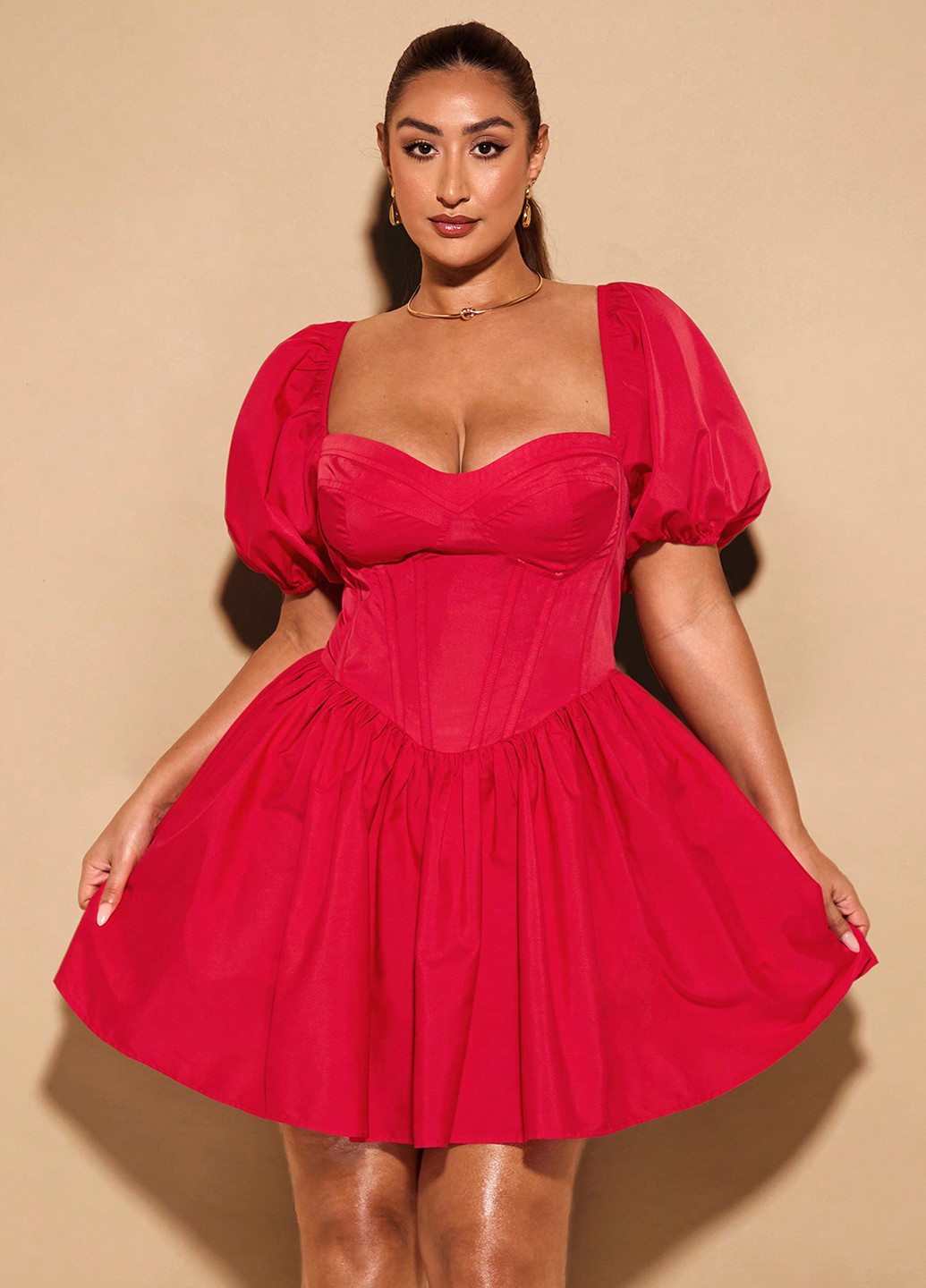 Червона святковий, кежуал сукня кльош, з відкритою спиною, з корсетом SHEIN однотонна