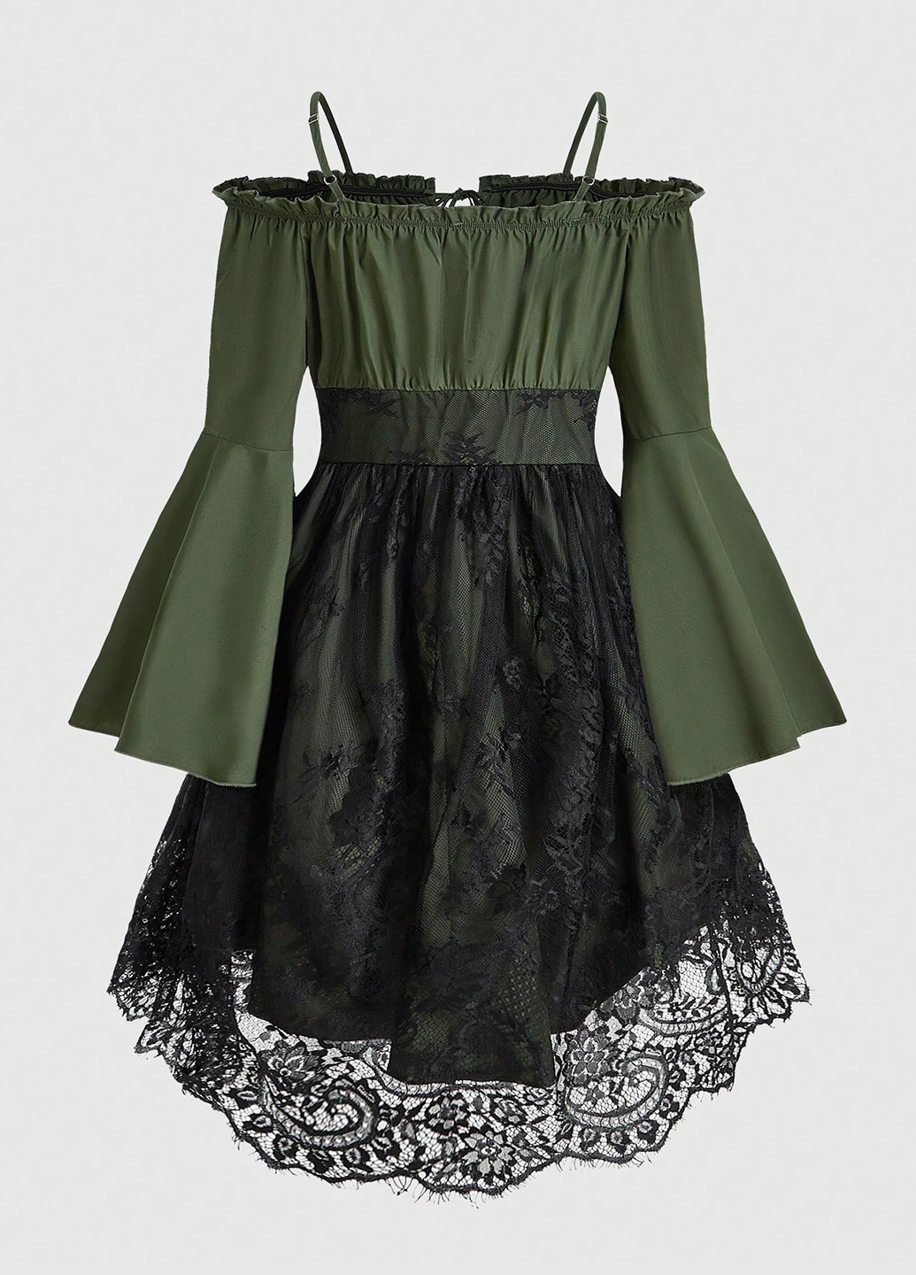 Оливковое (хаки) праздничный платье с открытыми плечами, клеш Romwe однотонное