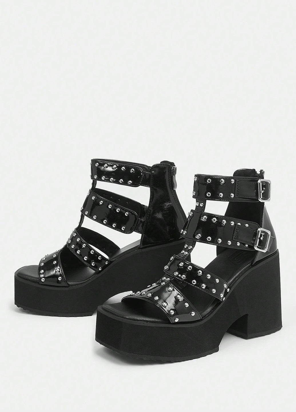 Черные босоножки SHEIN на молнии с заклепками, лаковые, с пряжкой