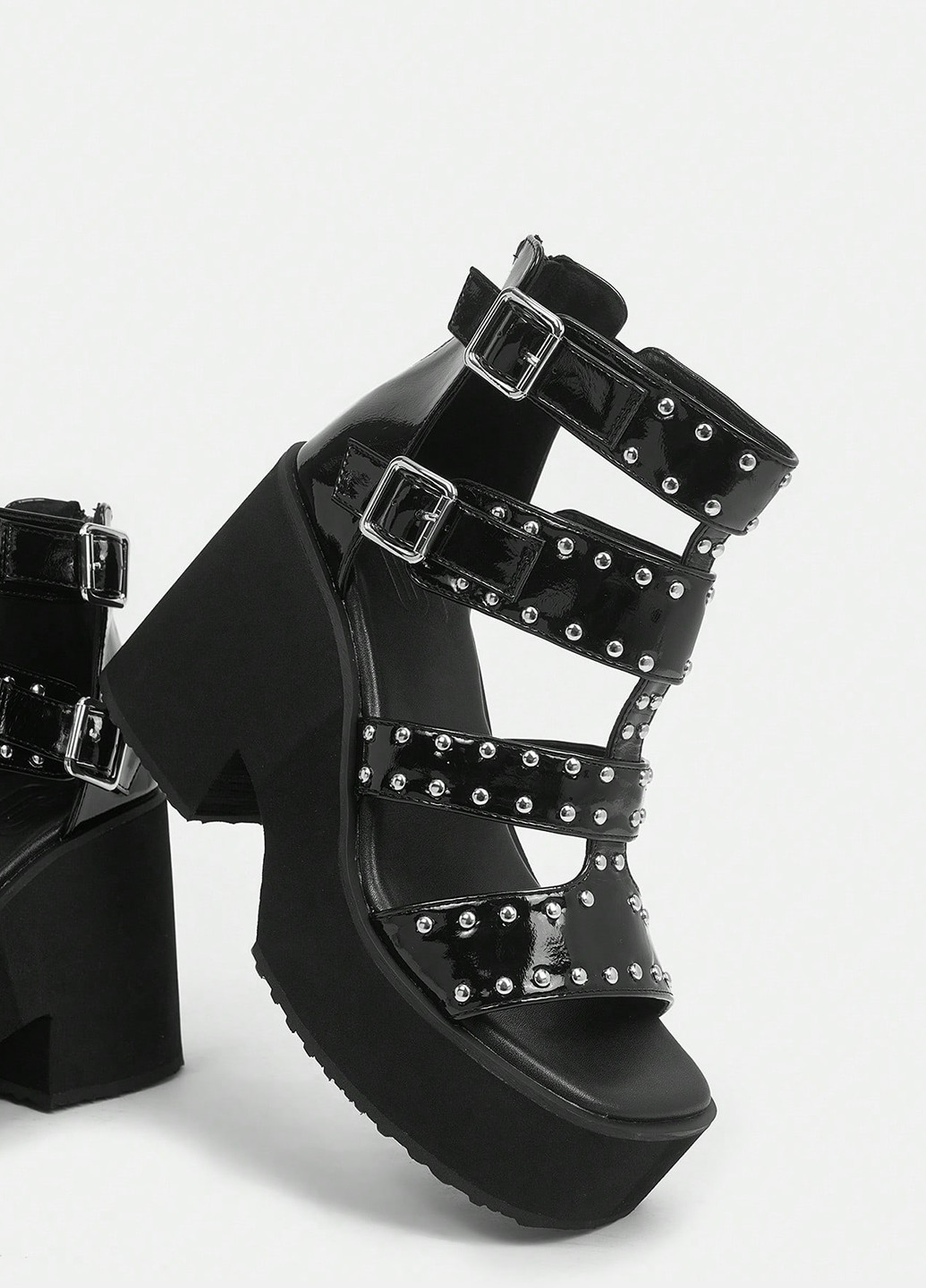 Черные босоножки SHEIN на молнии с заклепками, лаковые, с пряжкой