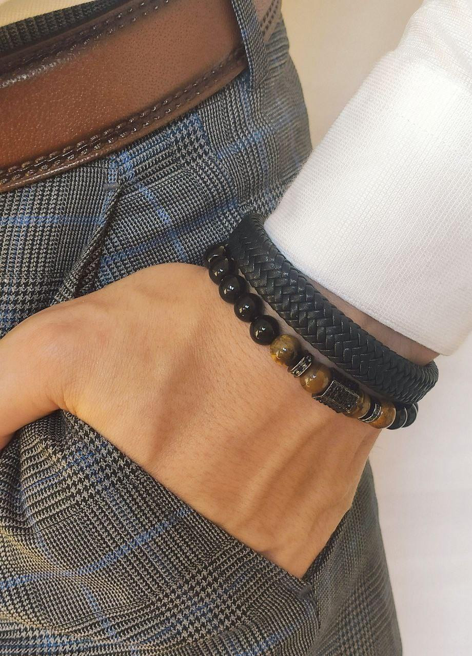 Елітні чоловічі Браслети зі шкіри та каміння Оніксу 18см No Brand (254398558)