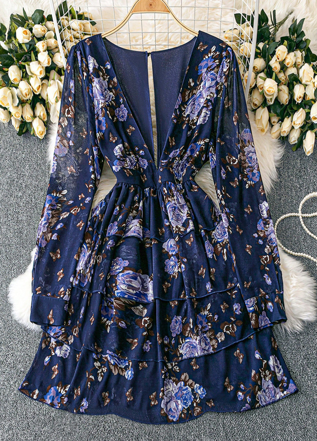 Темно-синее кэжуал платье а-силуэт SHEIN с цветочным принтом