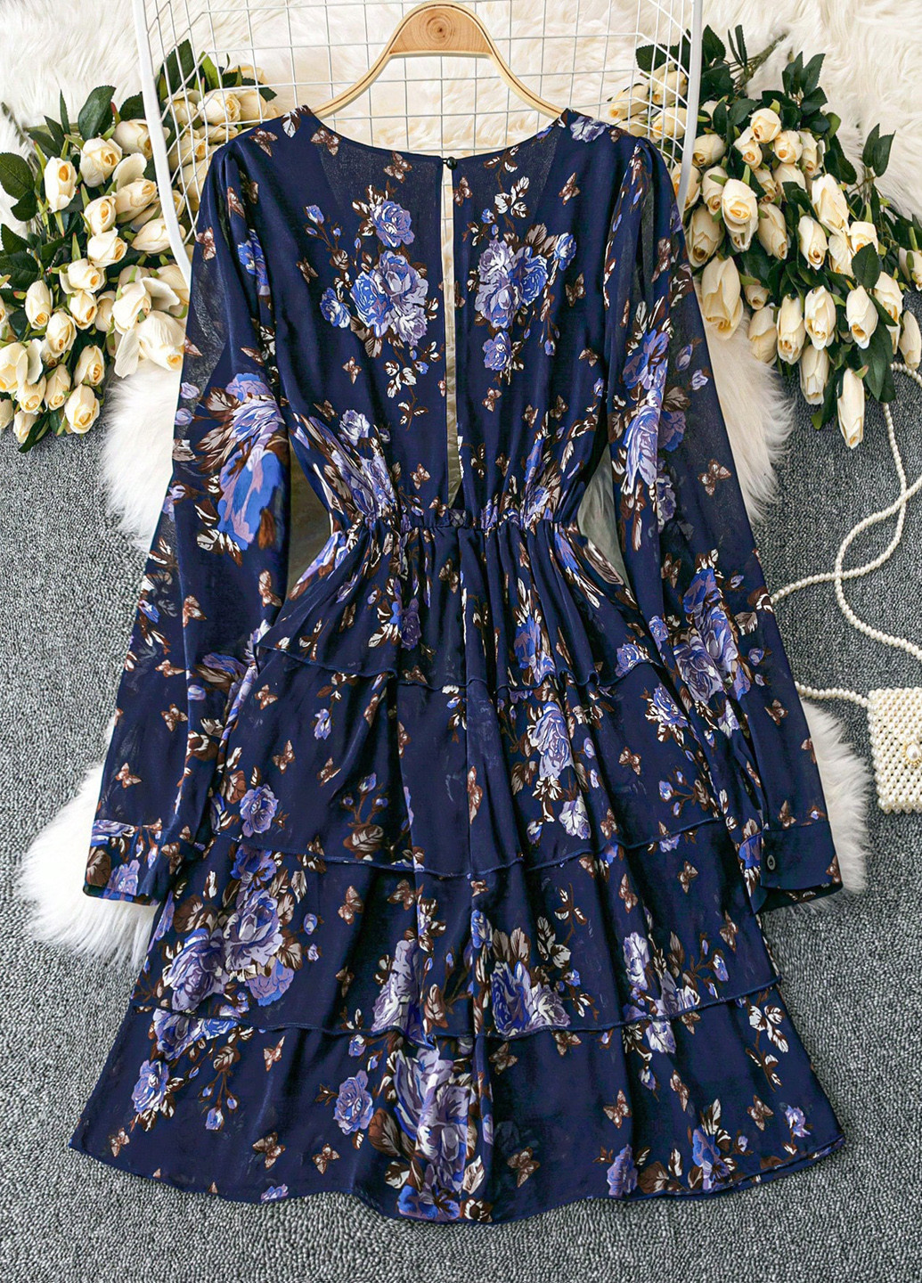 Темно-синее кэжуал платье а-силуэт SHEIN с цветочным принтом