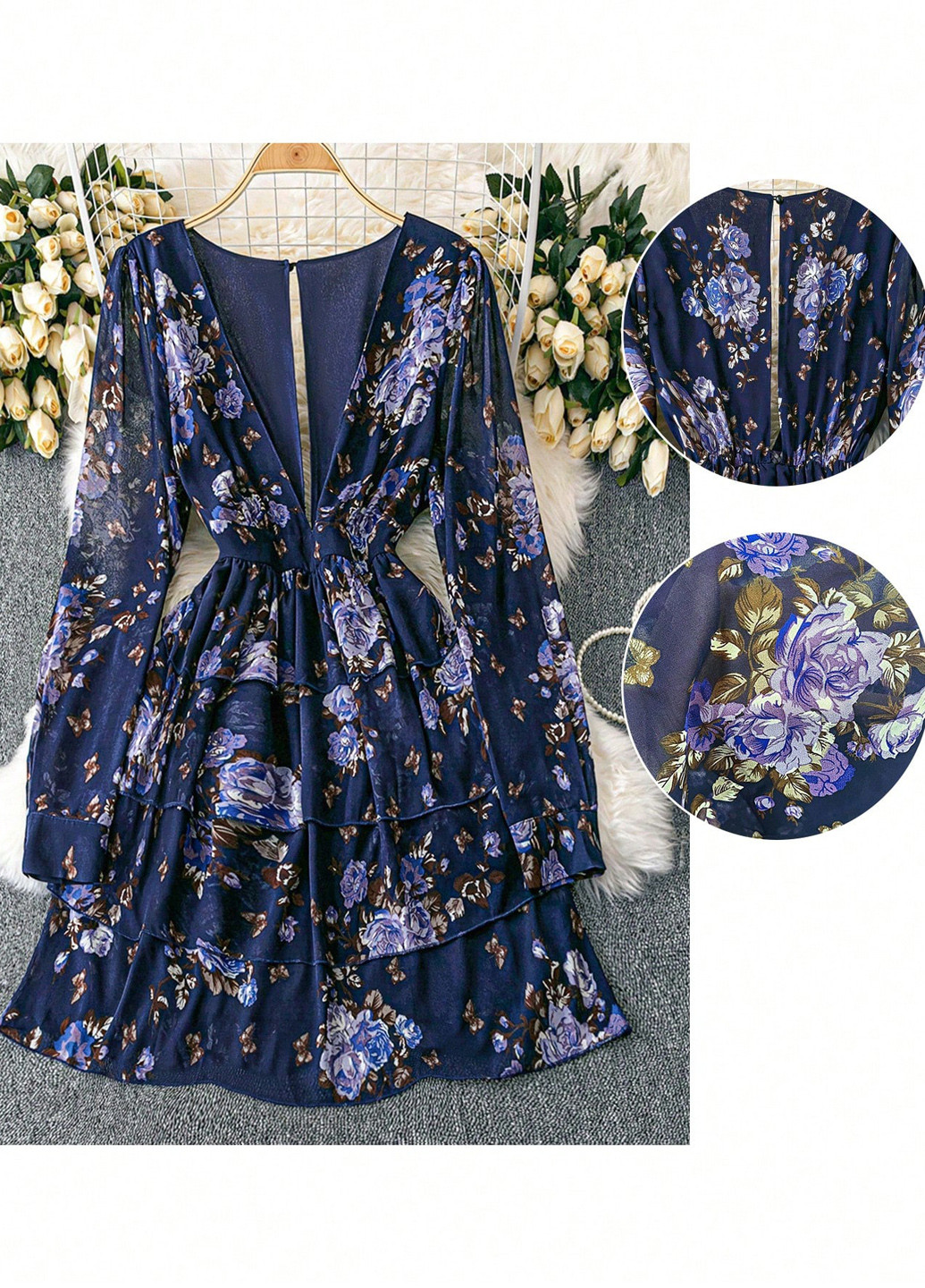 Темно-синее кэжуал платье а-силуэт SHEIN с цветочным принтом