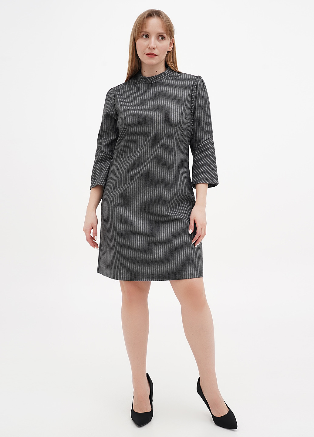 Темно-серое кэжуал платье а-силуэт Sassofono в полоску