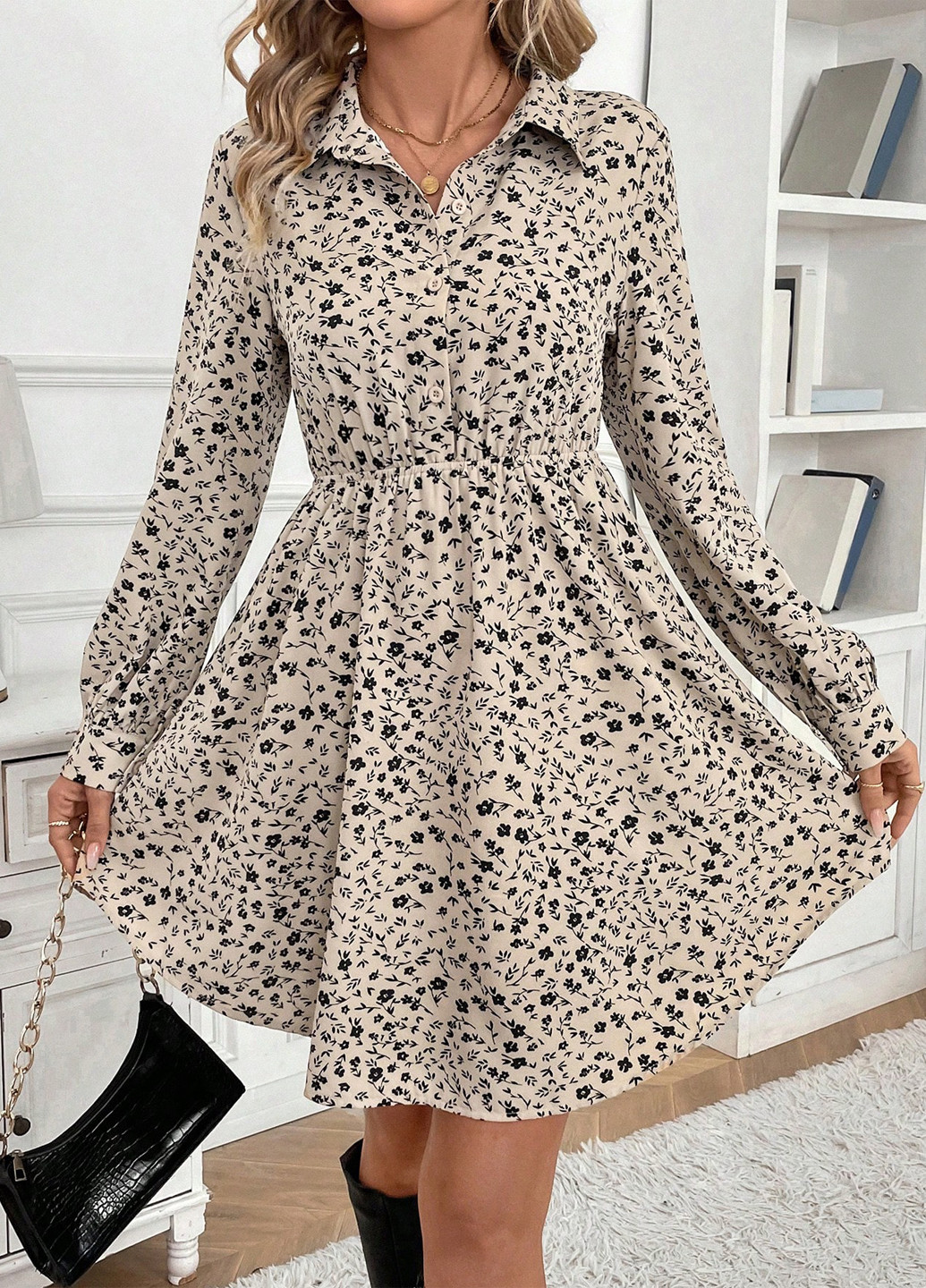 Комбинированное деловое, кэжуал платье клеш, рубашка SHEIN с цветочным принтом