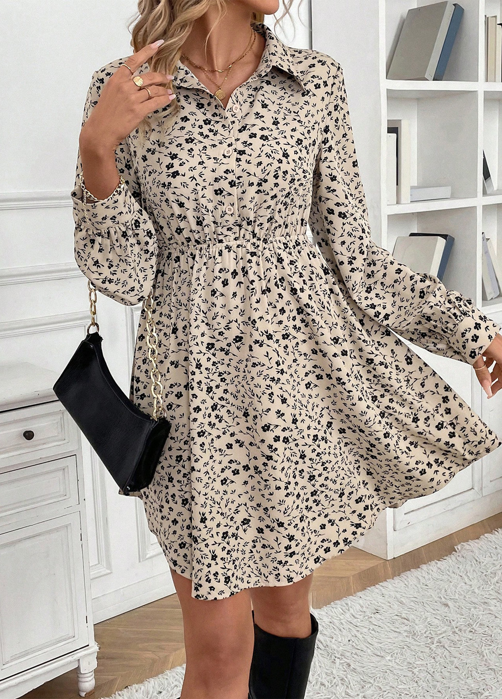 Комбинированное деловое, кэжуал платье клеш, рубашка SHEIN с цветочным принтом