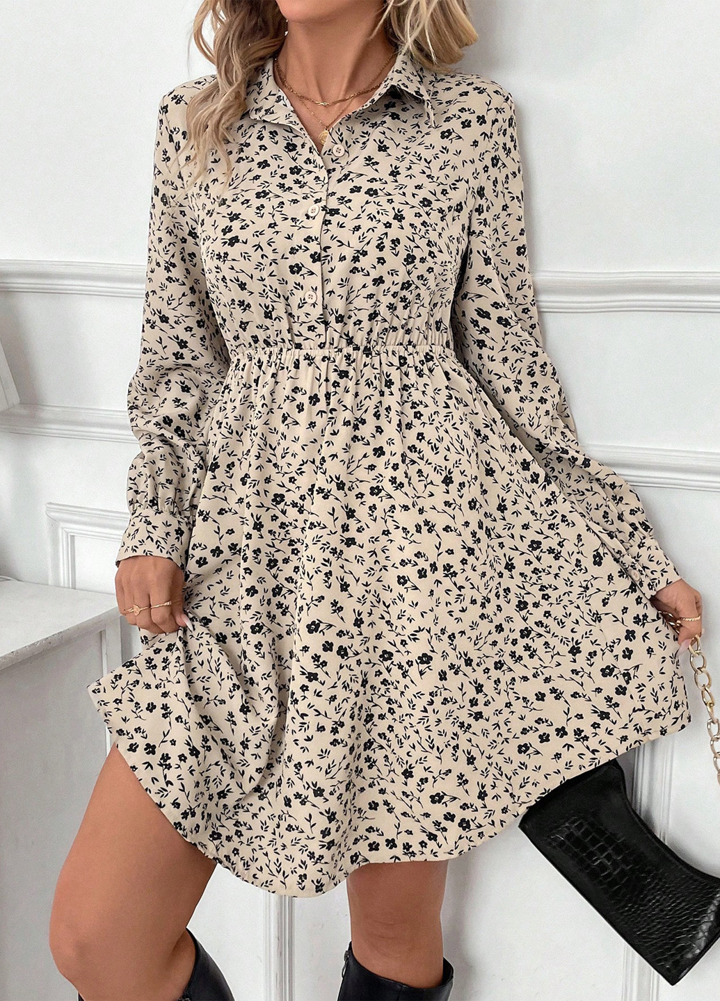 Комбинированное деловое, кэжуал платье клеш, рубашка SHEIN с цветочным принтом