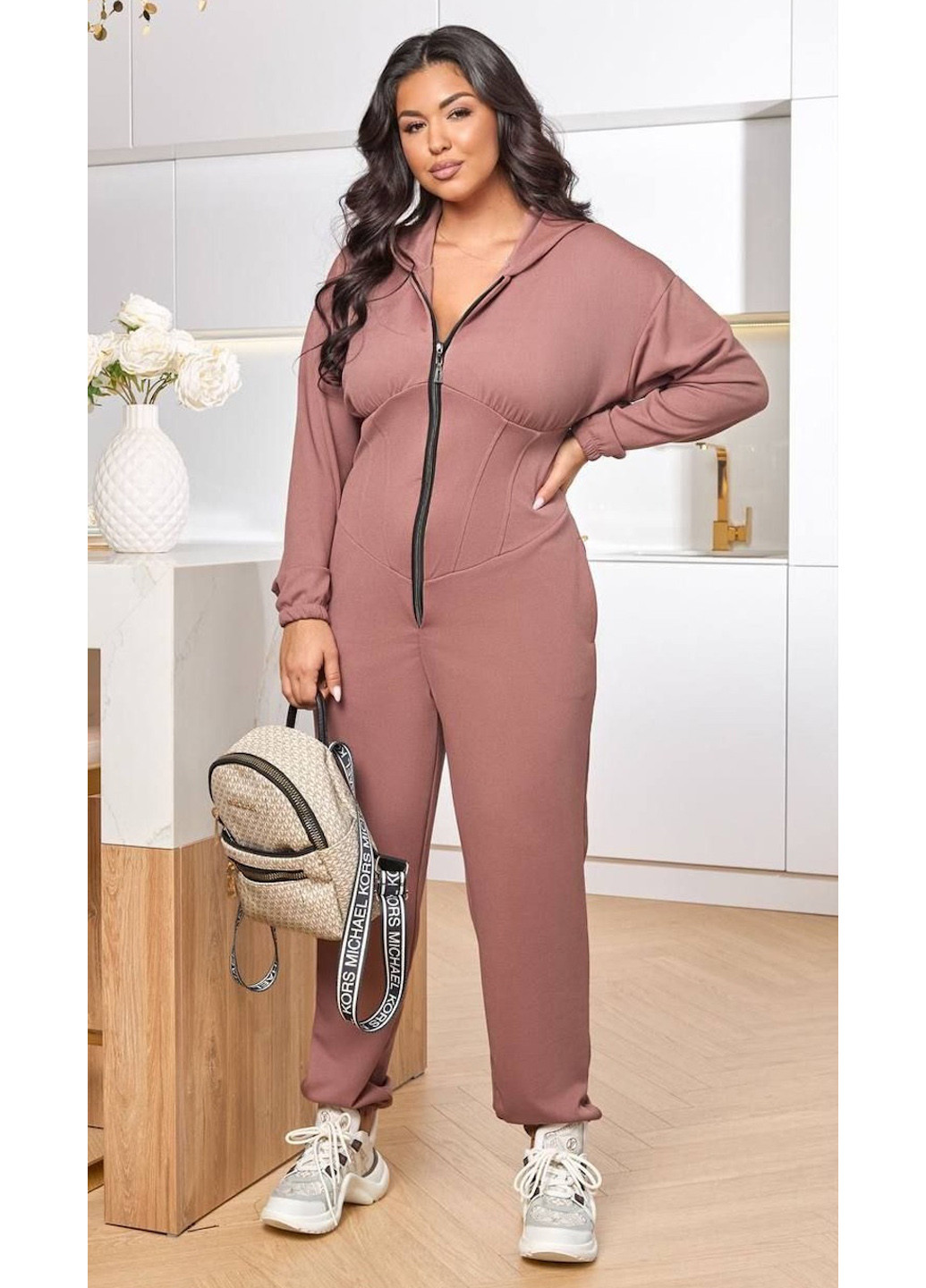 Комбинезон No Brand комбинезон-брюки однотонный темно-бежевый спортивный, кэжуал полиэстер, трикотаж