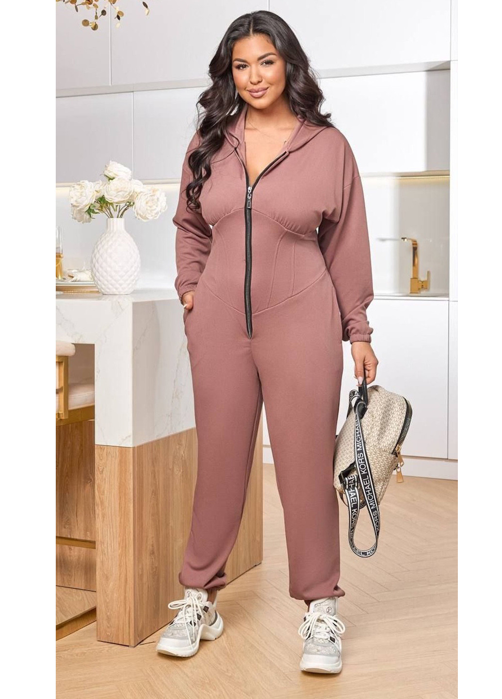 Комбинезон No Brand комбинезон-брюки однотонный темно-бежевый спортивный, кэжуал полиэстер, трикотаж