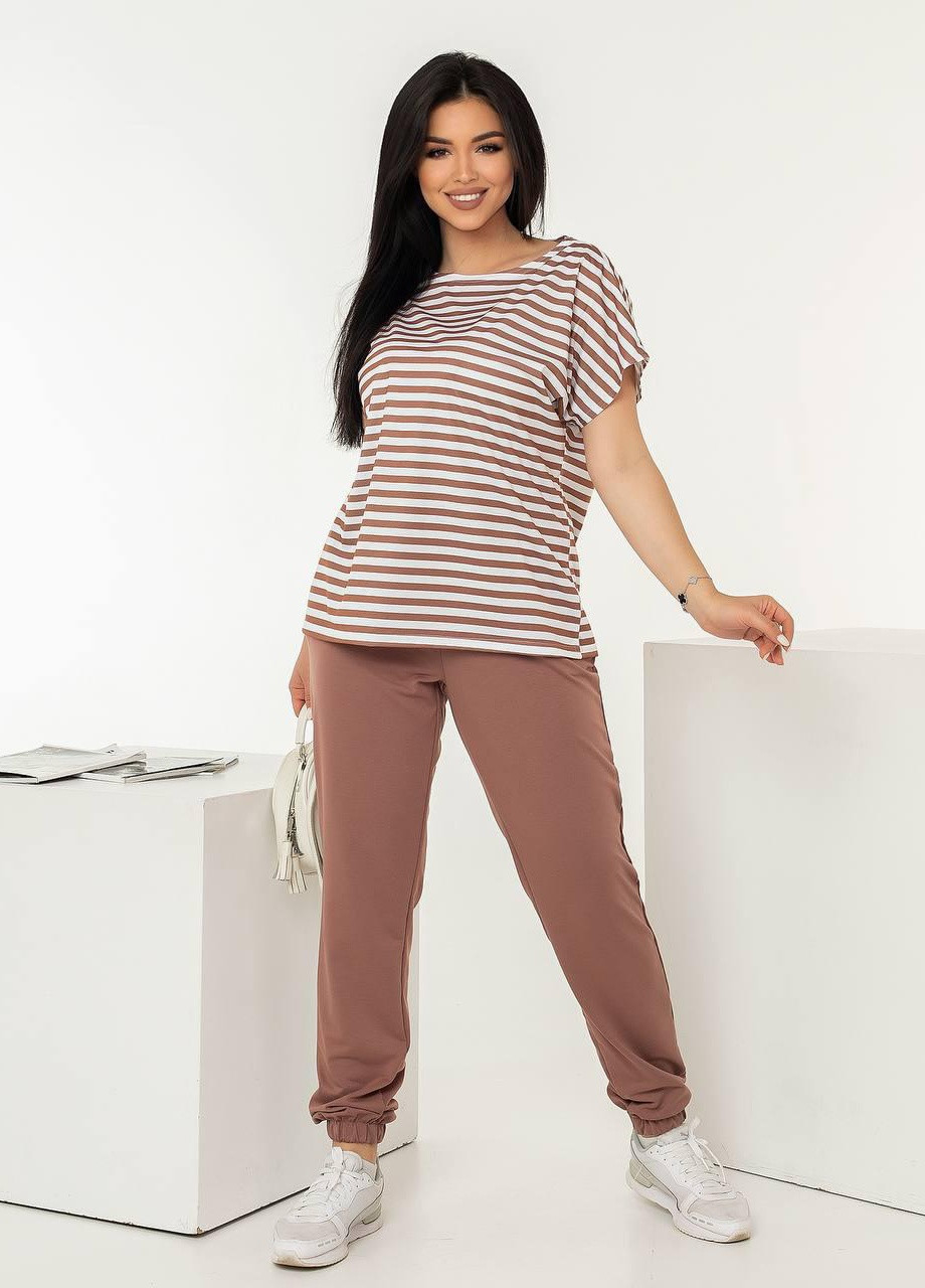 Женский костюм футболка в полоску и штаны бежевого цвета р.52/54 382707 New Trend (256454562)