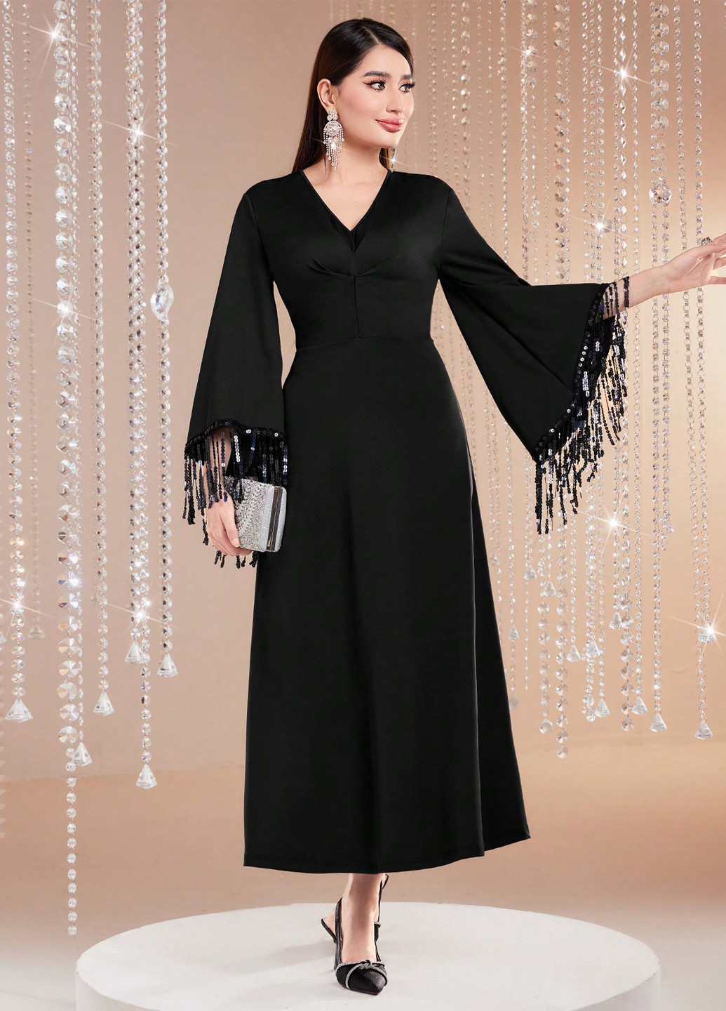 Черное праздничный, вечернее платье а-силуэт SHEIN однотонное