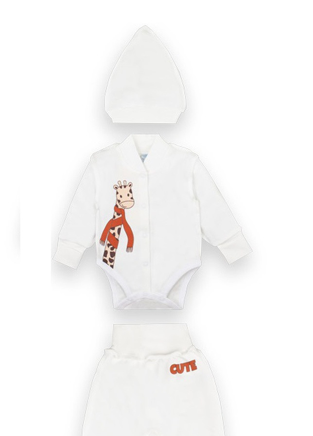 Молочний демісезонний дитячий комплект для хлопчика (боді + повзунки + шапка) Габби