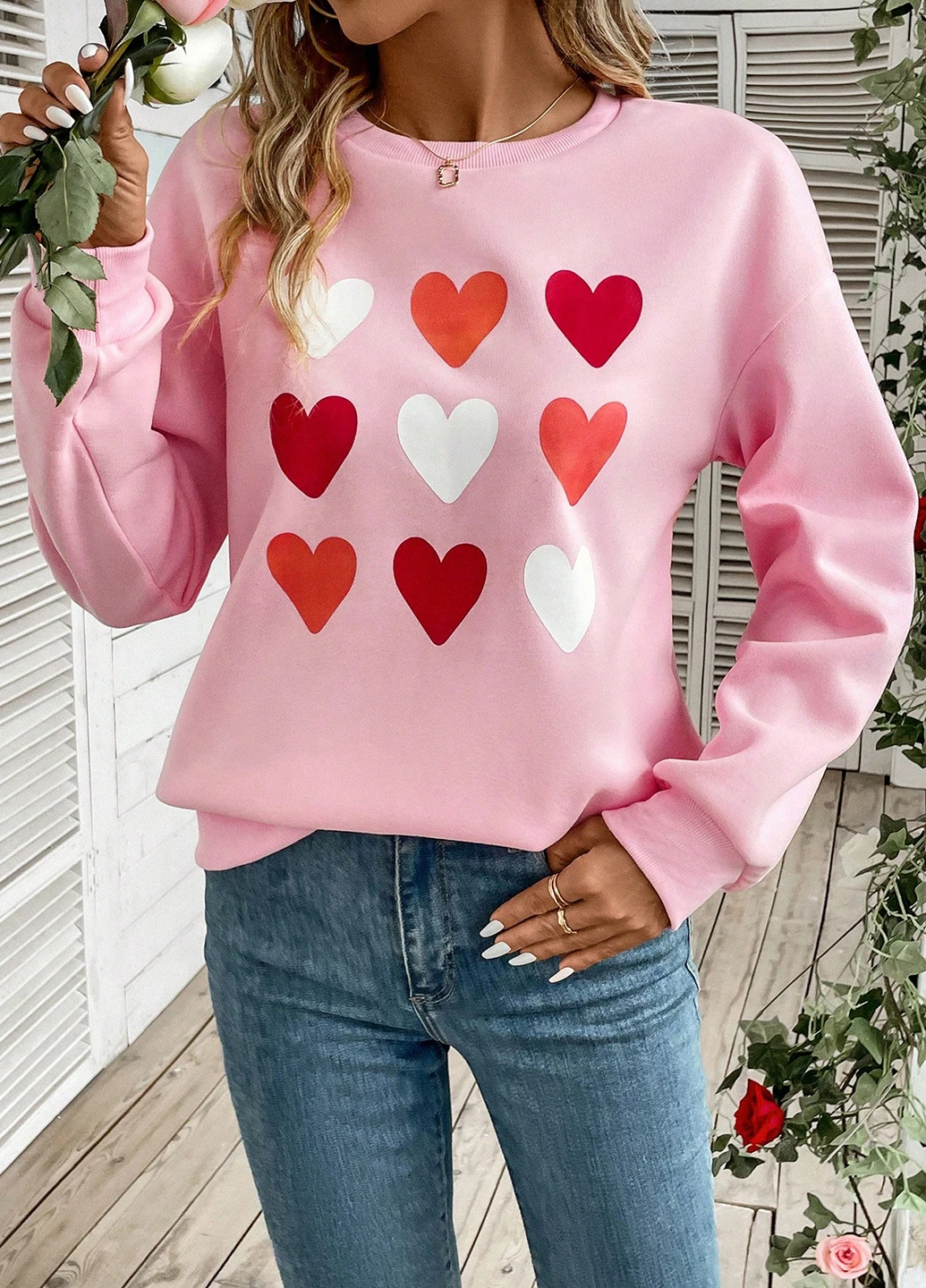 Розовый свитшот SHEIN сердечки без декора (365682853)