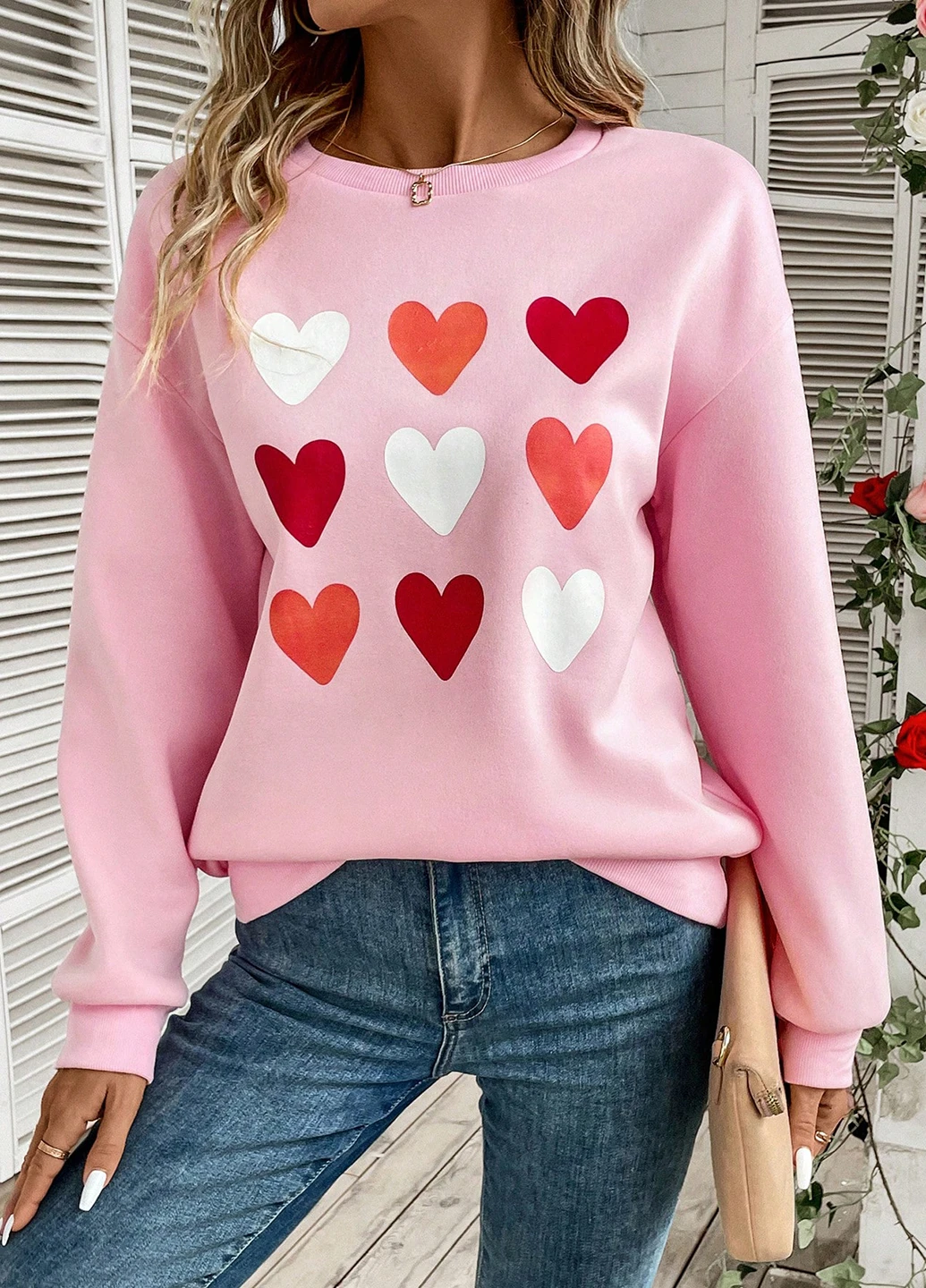 Розовый свитшот SHEIN сердечки без декора (365682853)