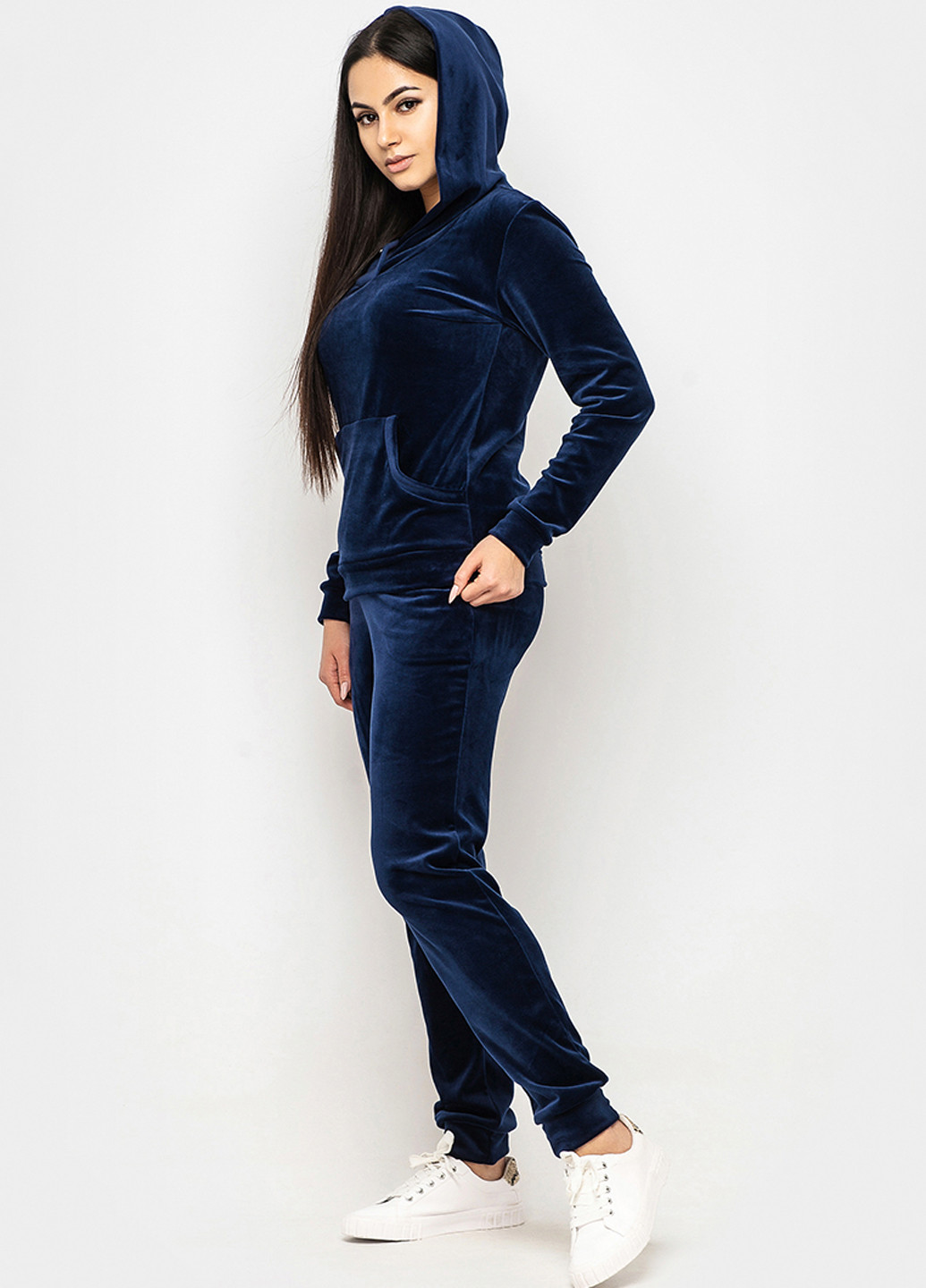 Костюм (худи, брюки) Ghazel однотонный синий спортивный велюр