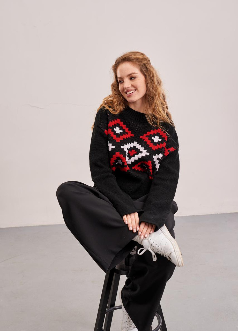 Черный демисезонный джемпер "дана" (красный орнамент) one size MEREZHKA
