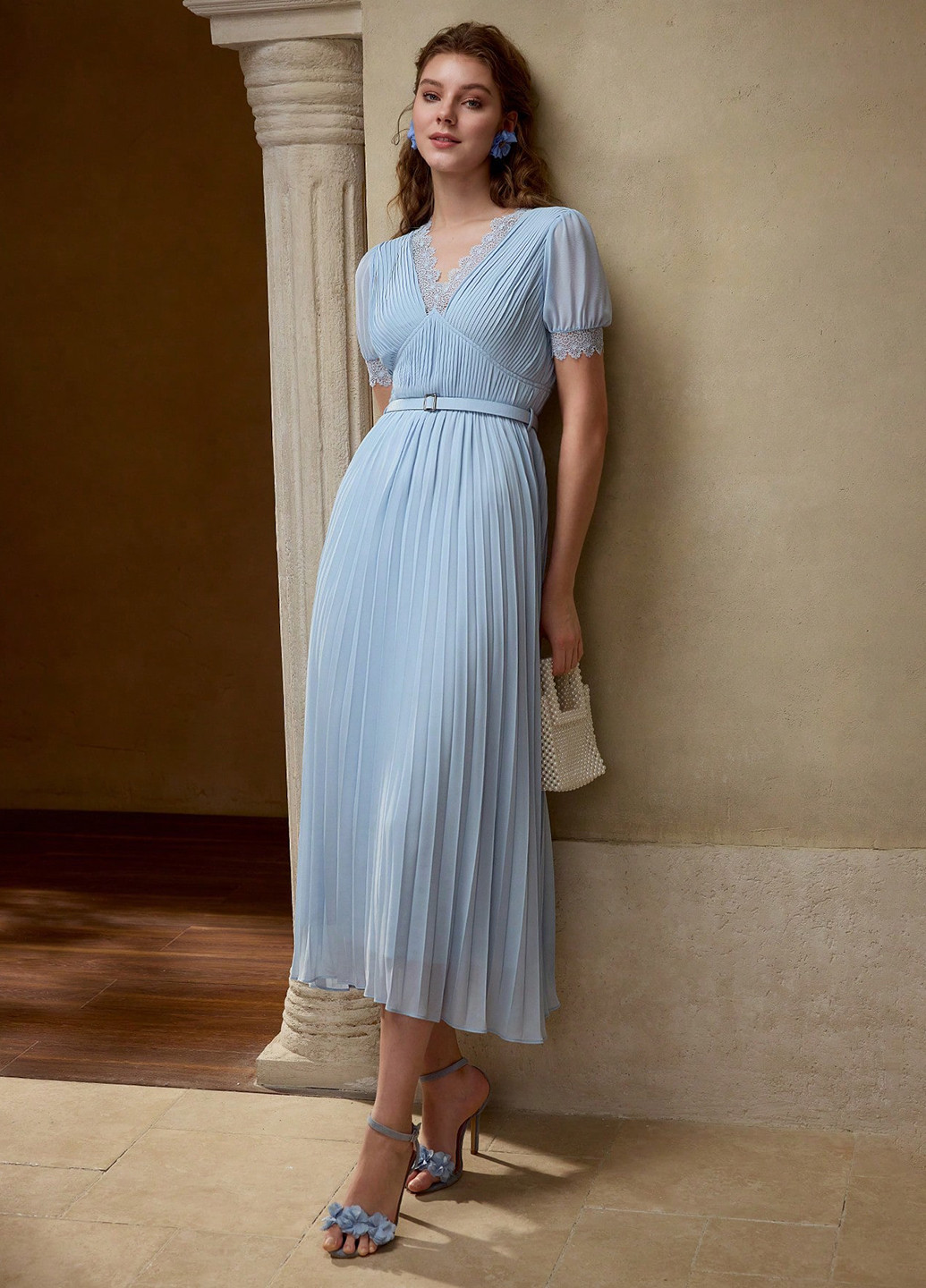 Світло-блакитна вечірня, кежуал сукня плісована SHEIN однотонна