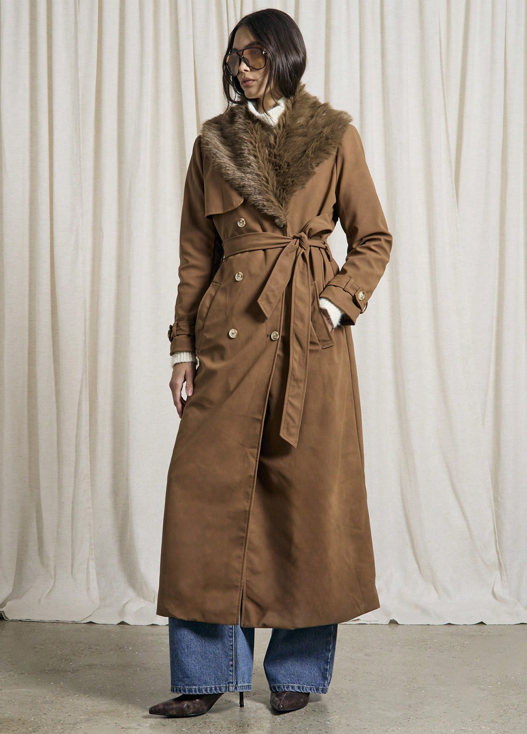 Коричневе демісезонне Пальто двобортне SHEIN