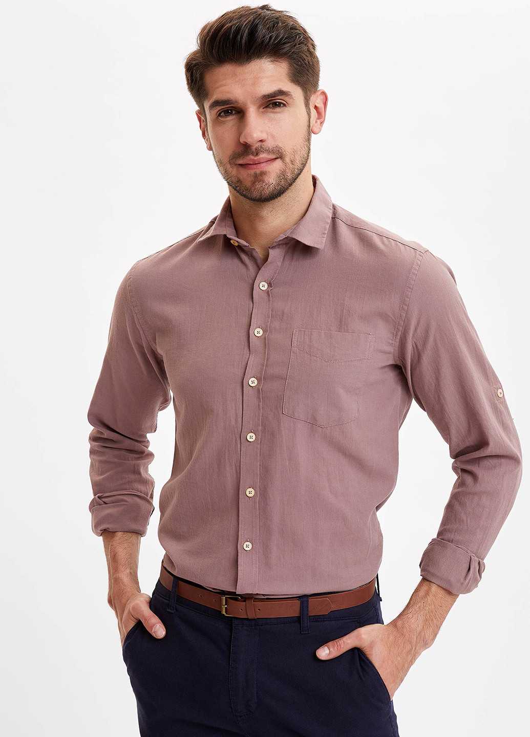 Розово-коричневая кэжуал рубашка однотонная DeFacto