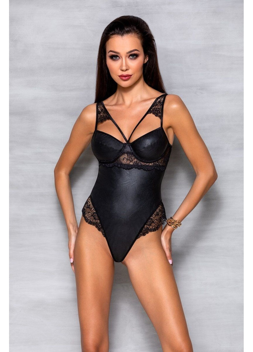 Боді з еко-шкіри та мережива Loona Body black XXL/XXXL - Passion (255459102)