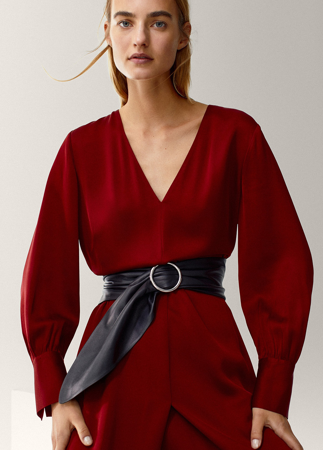 Бордовое кэжуал платье клеш Massimo Dutti однотонное
