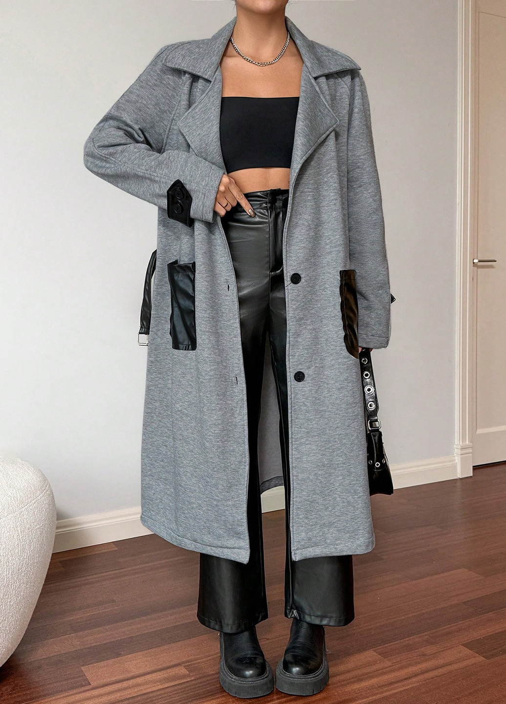 Сіре демісезонне Пальто однобортне SHEIN