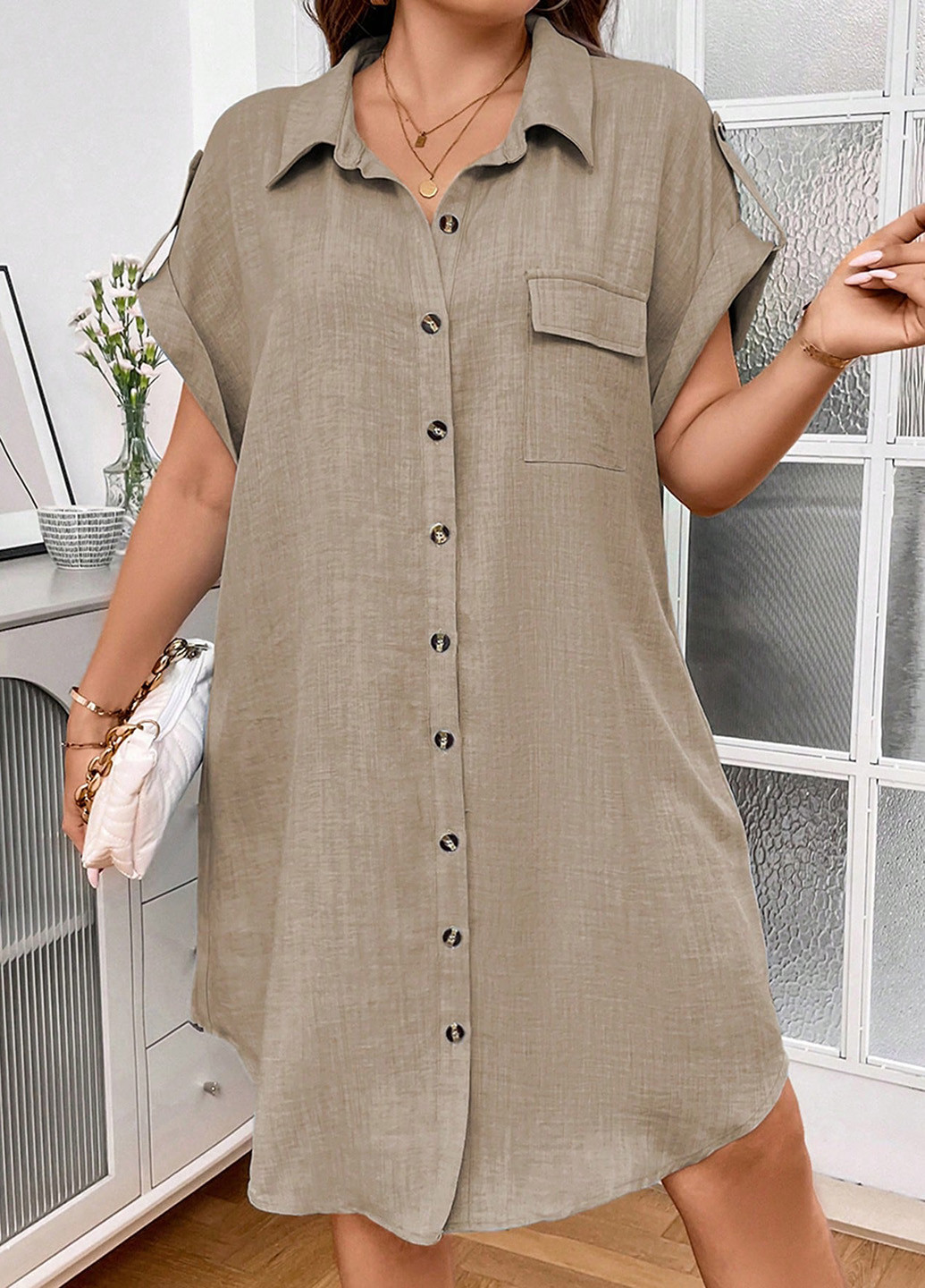 Сіро-бежева кежуал сукня а-силует, сукня-сорочка SHEIN однотонна