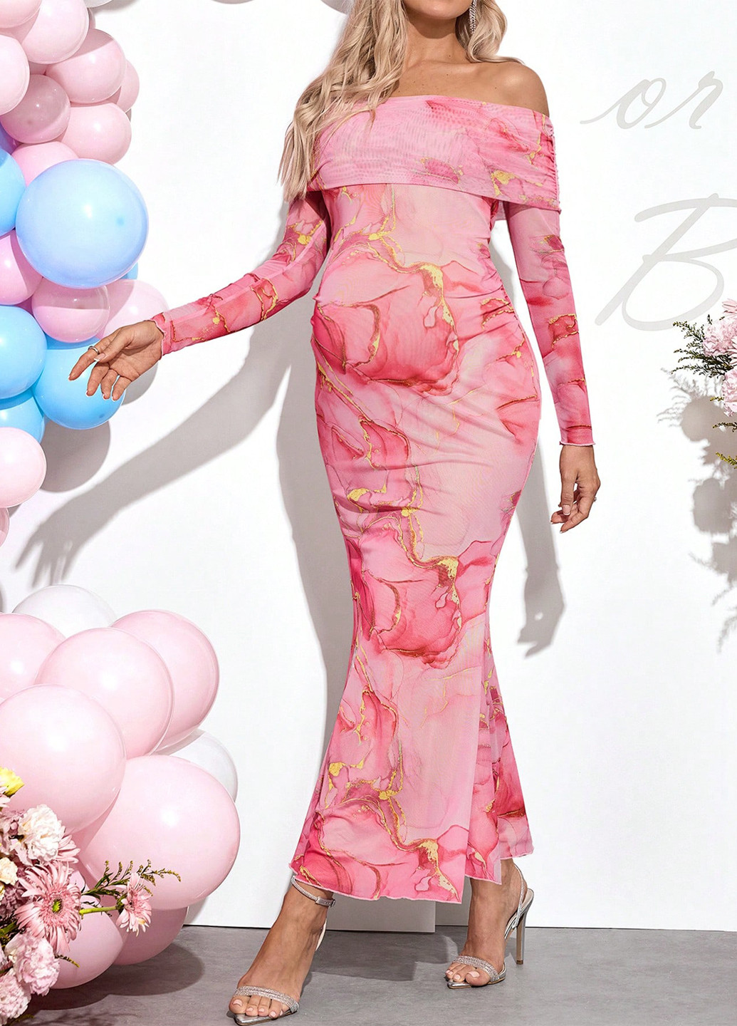 Рожева вечірня, кежуал сукня для вагітних силуетна, з відкритими плечима SHEIN тай-дай