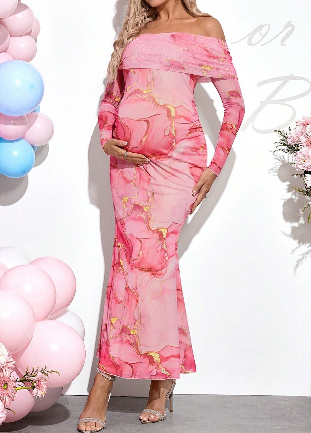 Рожева вечірня, кежуал сукня для вагітних силуетна, з відкритими плечима SHEIN тай-дай