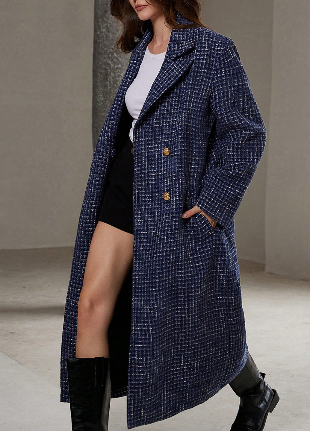 Темно-синє демісезонне Пальто двобортне SHEIN