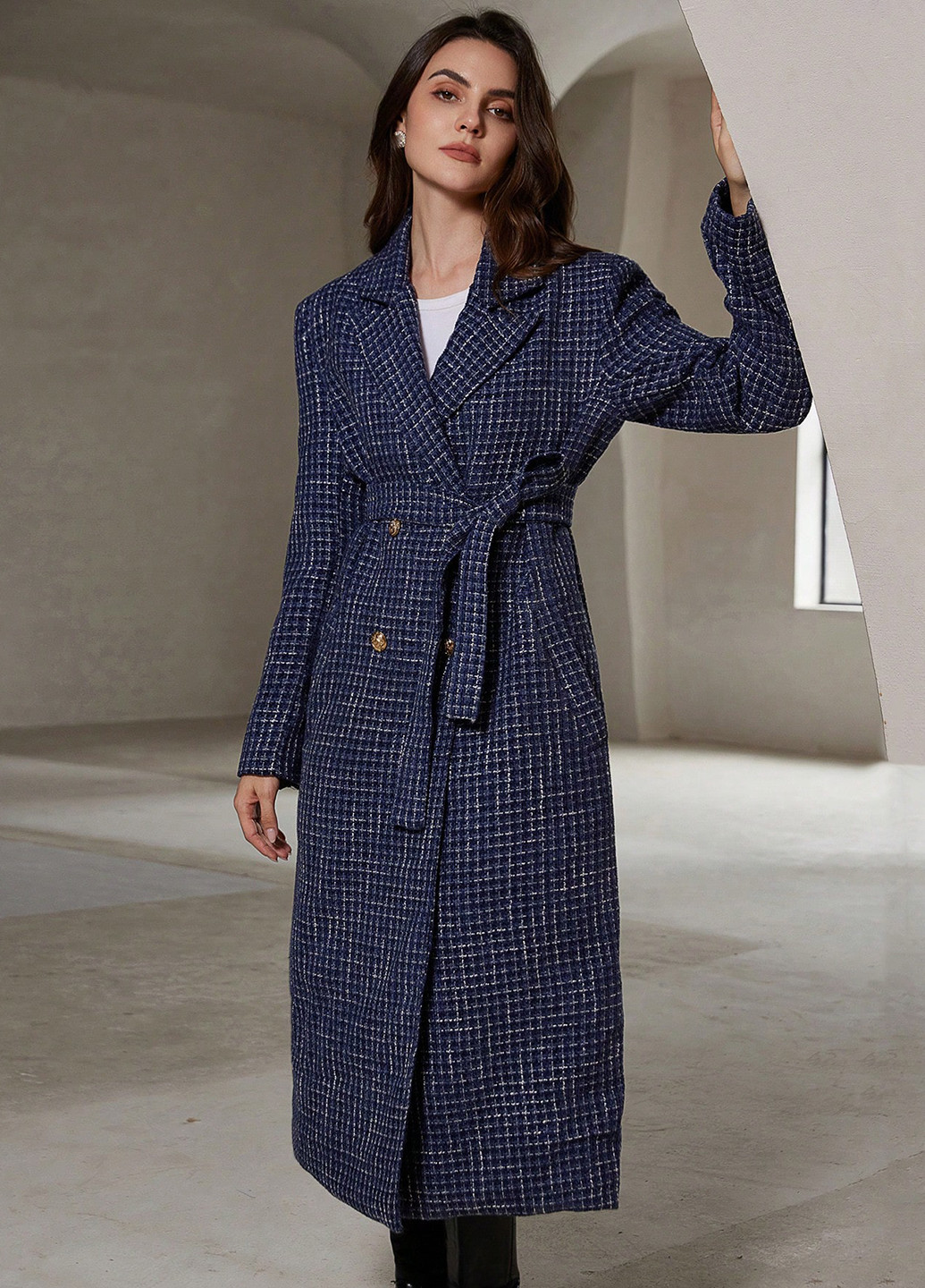 Темно-синє демісезонне Пальто двобортне SHEIN