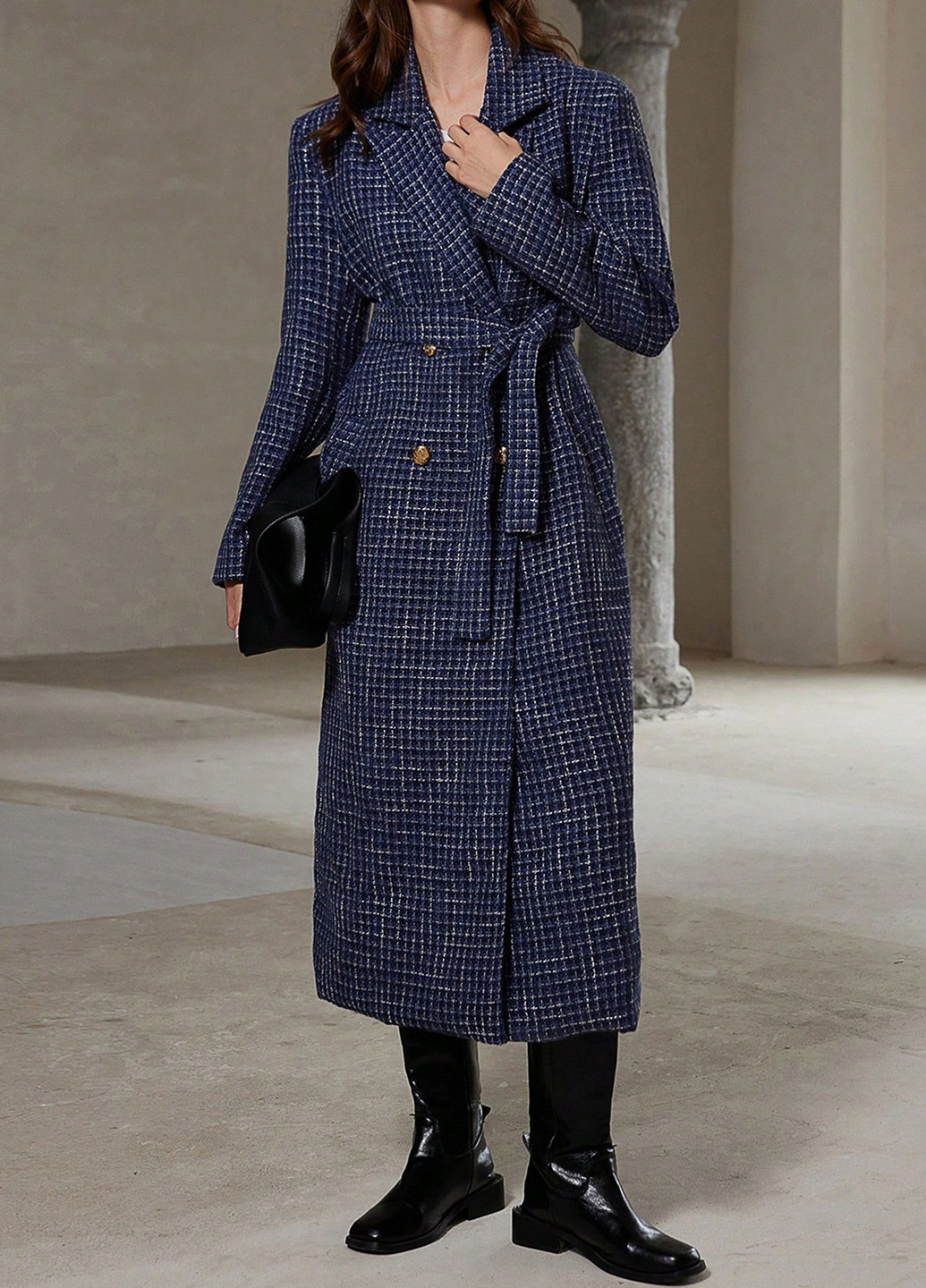 Темно-синє демісезонне Пальто двобортне SHEIN