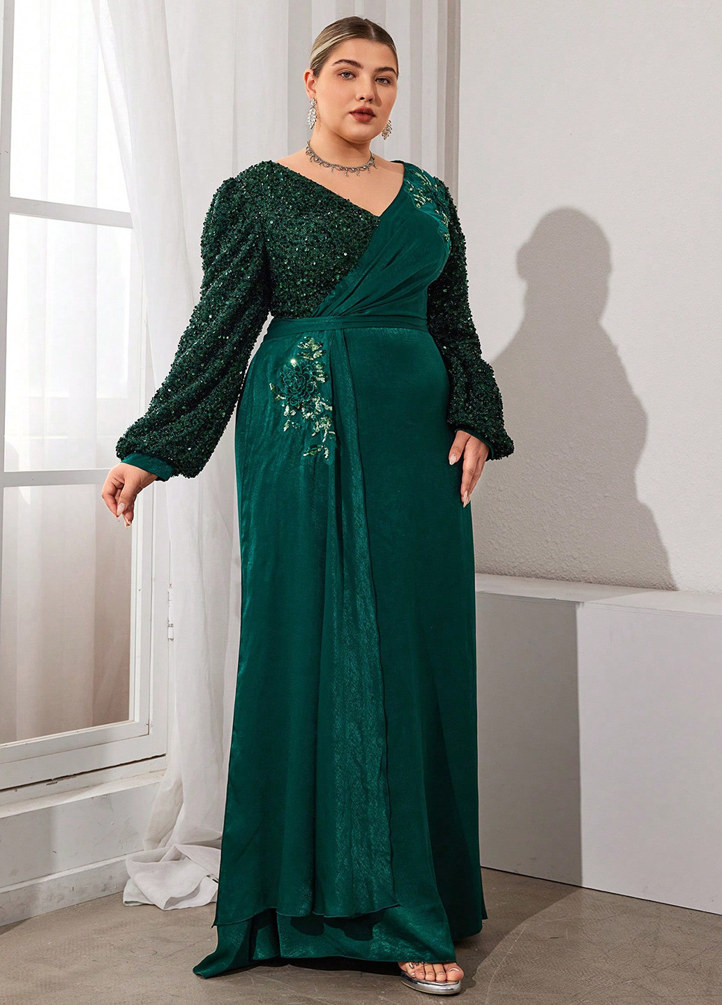 Темно-зеленое вечернее платье SHEIN однотонное