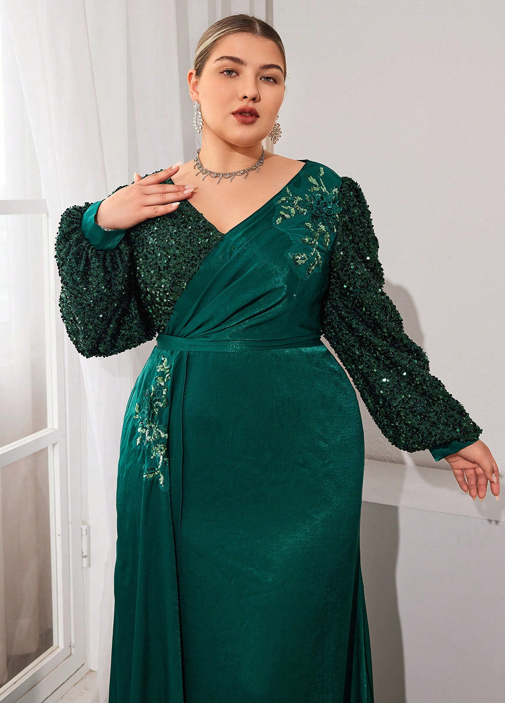 Темно-зеленое вечернее платье SHEIN однотонное
