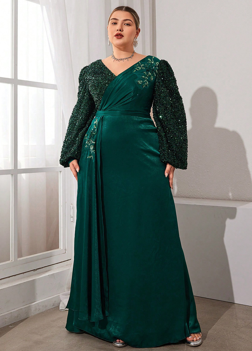 Темно-зеленое вечернее платье SHEIN однотонное