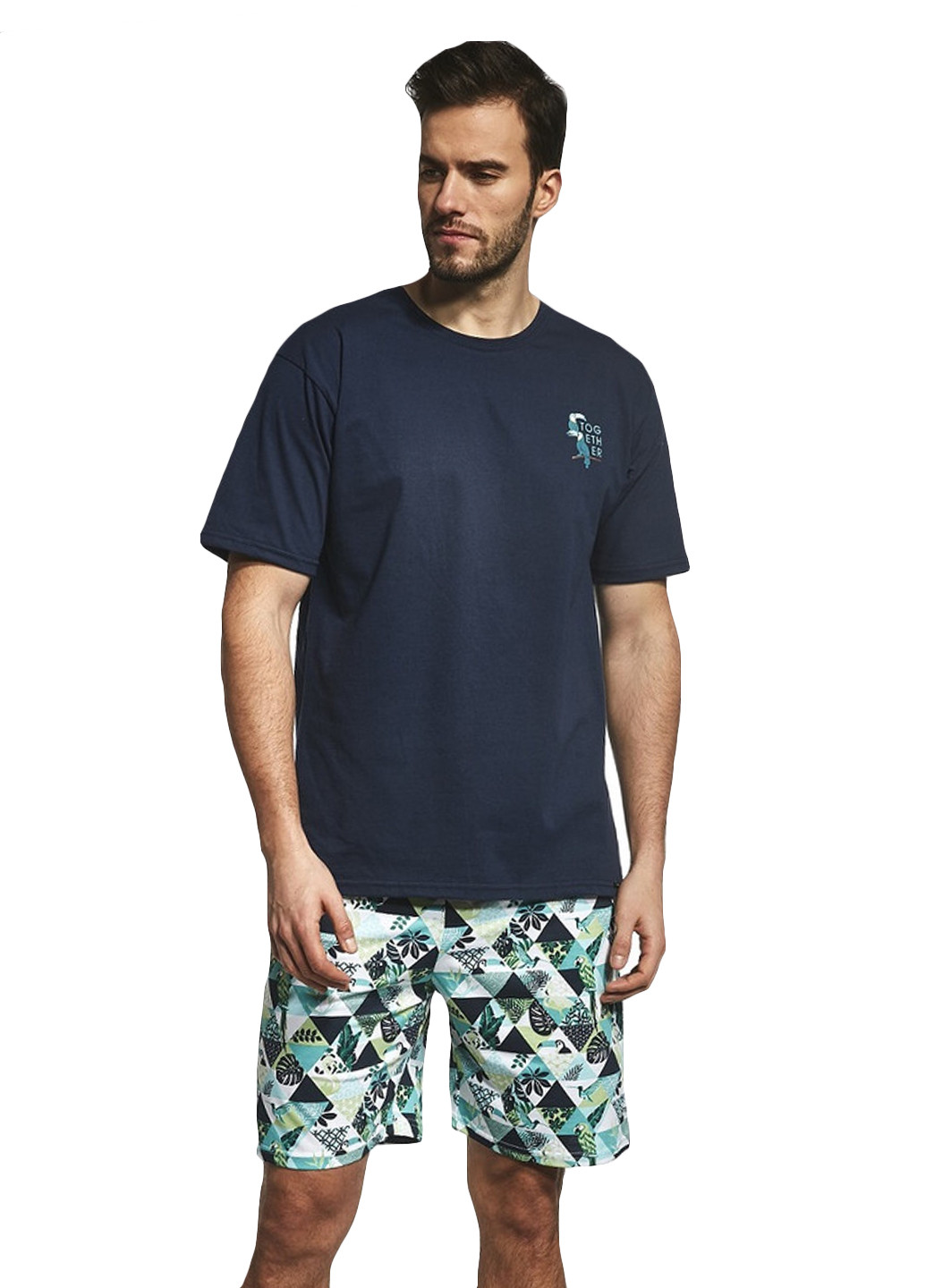 Пижама (футболка, шорты) Cornette геометрическая тёмно-синяя домашняя