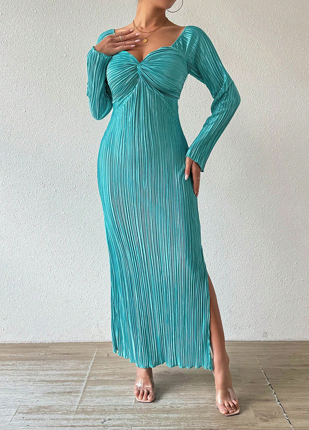 Бирюзовое праздничный, вечернее платье с открытой спиной, плиссированное SHEIN однотонное