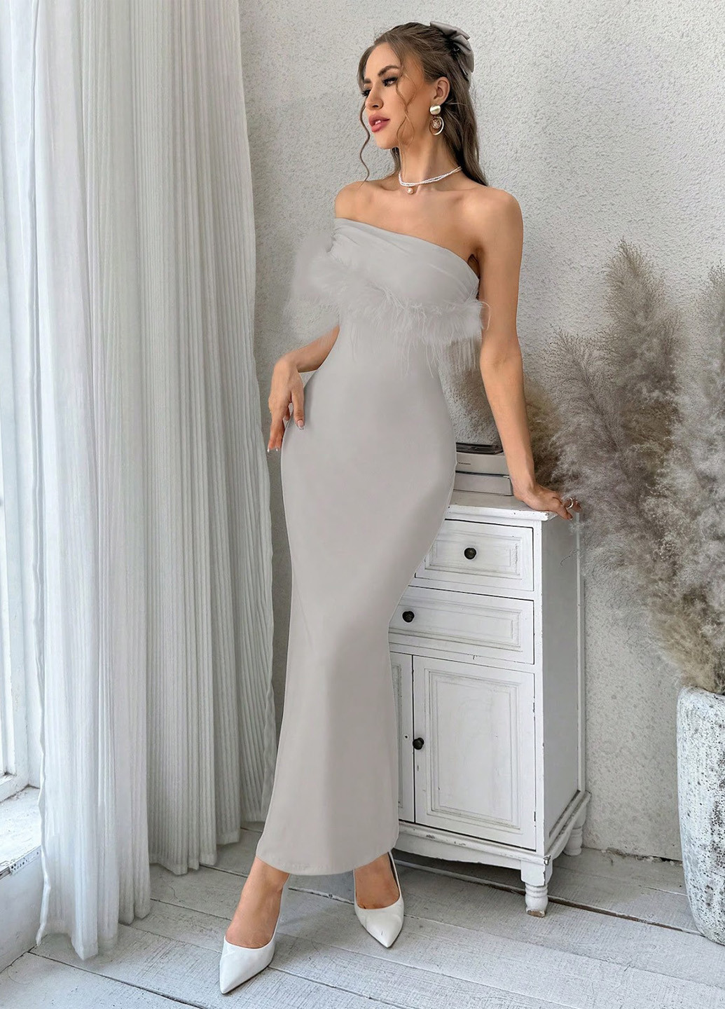 Світло-сіра вечірня сукня годе, на одне плече SHEIN однотонна