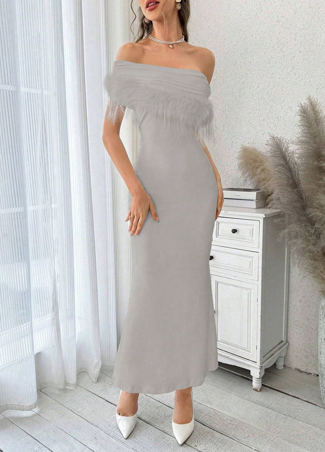 Світло-сіра вечірня сукня годе, на одне плече SHEIN однотонна