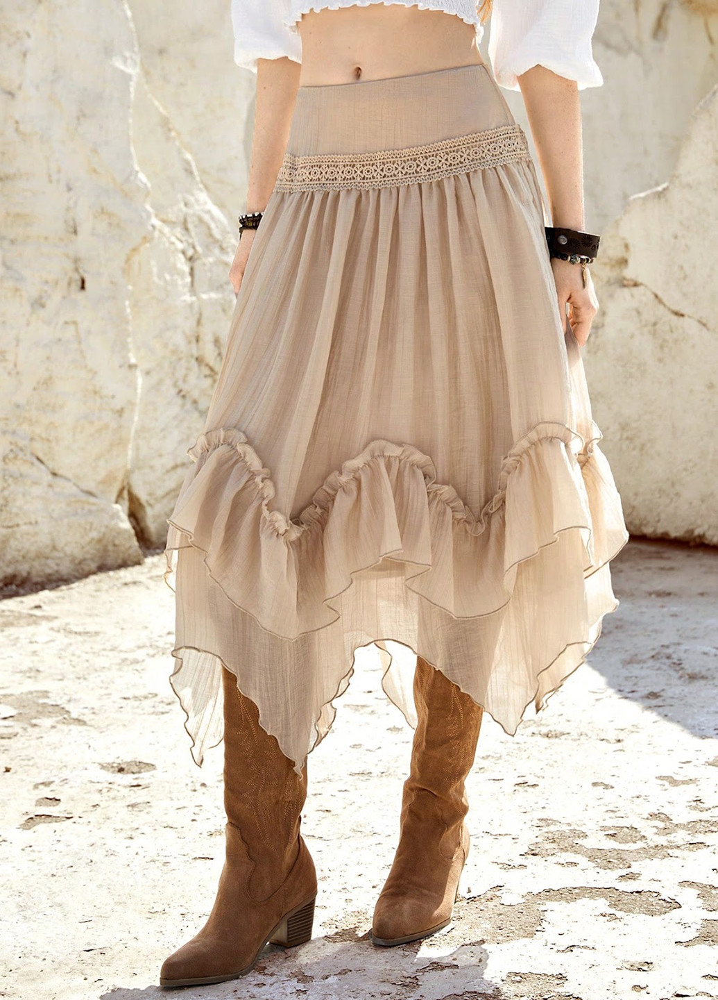 Песочная кэжуал однотонная юбка SHEIN клешированная-солнце