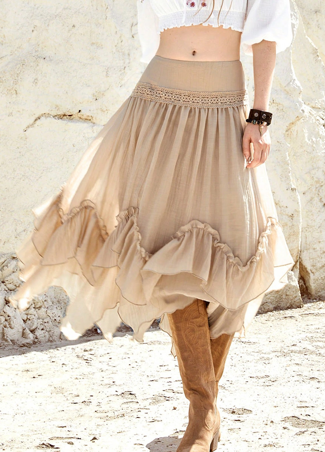 Песочная кэжуал однотонная юбка SHEIN клешированная-солнце