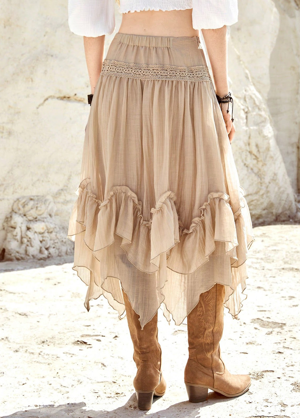 Песочная кэжуал однотонная юбка SHEIN клешированная-солнце